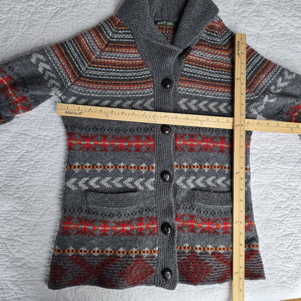 Woolrich Gray Shawl Collar Fair Isle Wool Cardigan with Red & Orange Accents - Picture 13 of 14